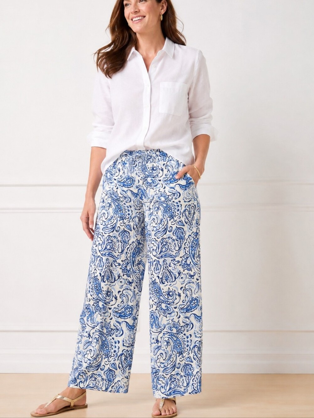 Talbots Satin Wide Leg Pants 2X Painted Paisley Blue White Pull On Coastal